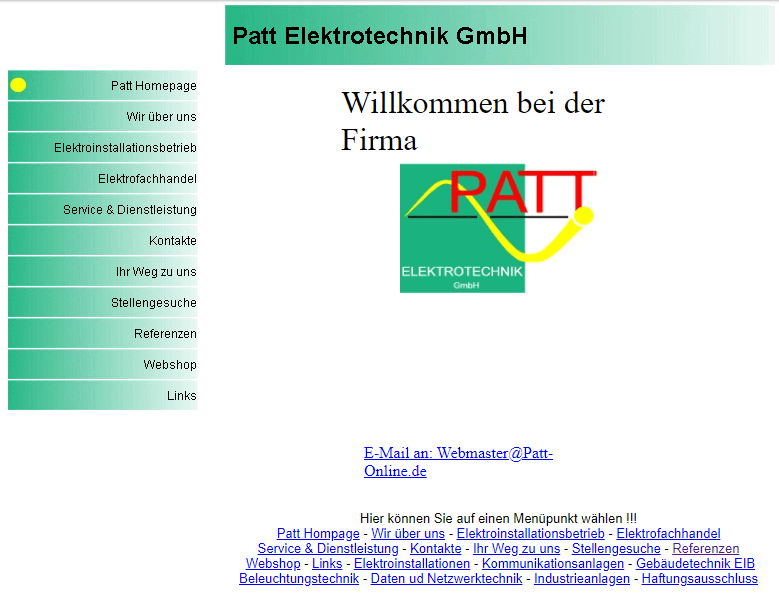 Startseite der ersten Homepage von Patt Elektrotechnik
